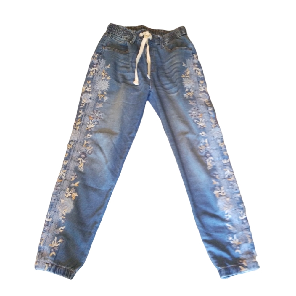 Driftwood Jogger Jeans.  Drawstring waist.  Embroidered floral detail.